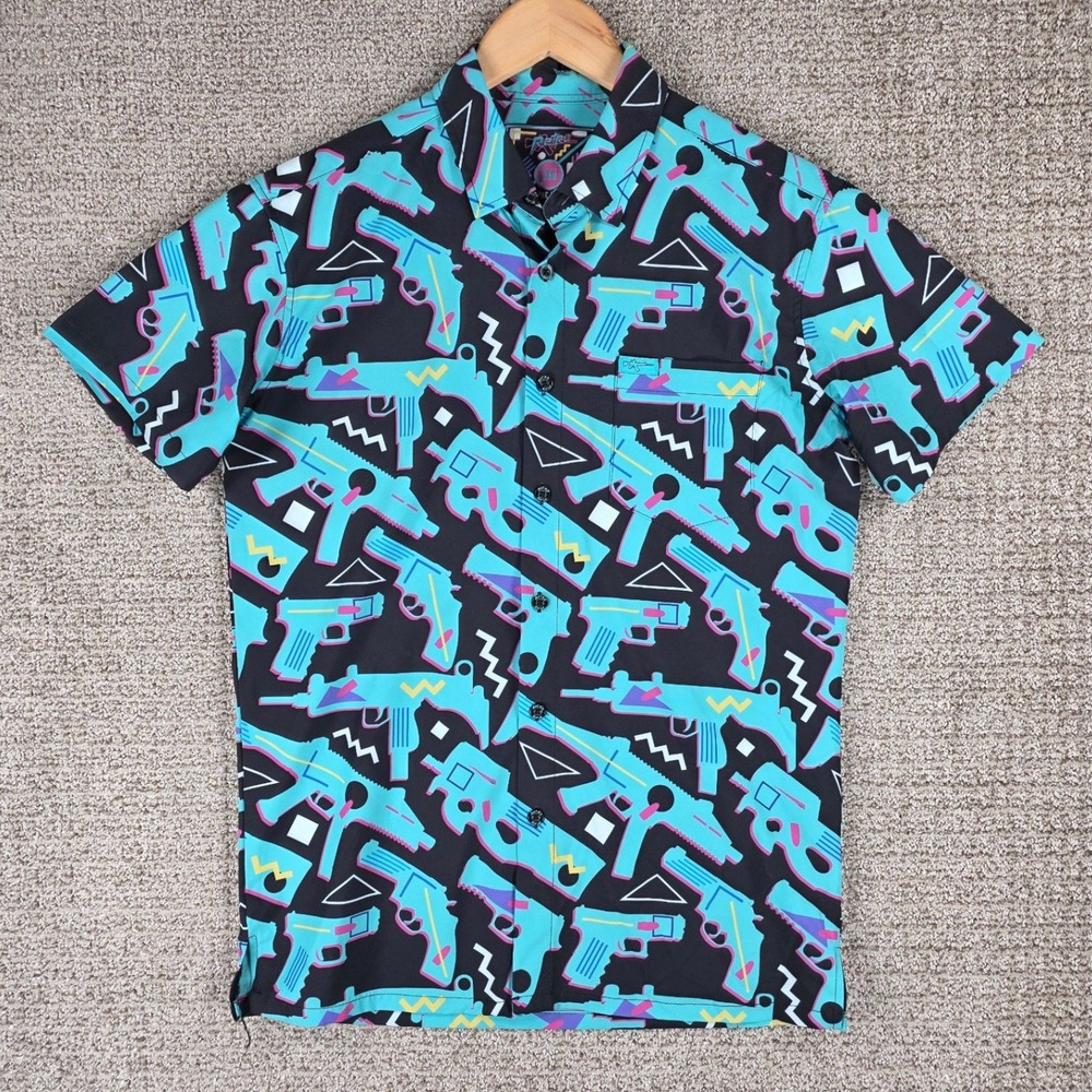 Retro Rifle The 80 Mens‎ Short Sleeve Button Down Shirt Medium Miami Vice Gun